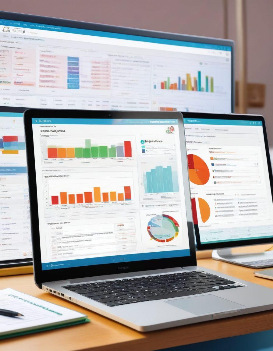 A detailed digital illustration of a laptop displaying the Bihar Results Portal, surrounded by students examining their academic performance metrics. Include visual elements like graphs and performance charts emanating from the screen, reflecting a sense of achievement. The background features a bright classroom environment to evoke a positive learning atmosphere. The image conveys a journey of academic success and information navigation. vibrant colors. 3D.