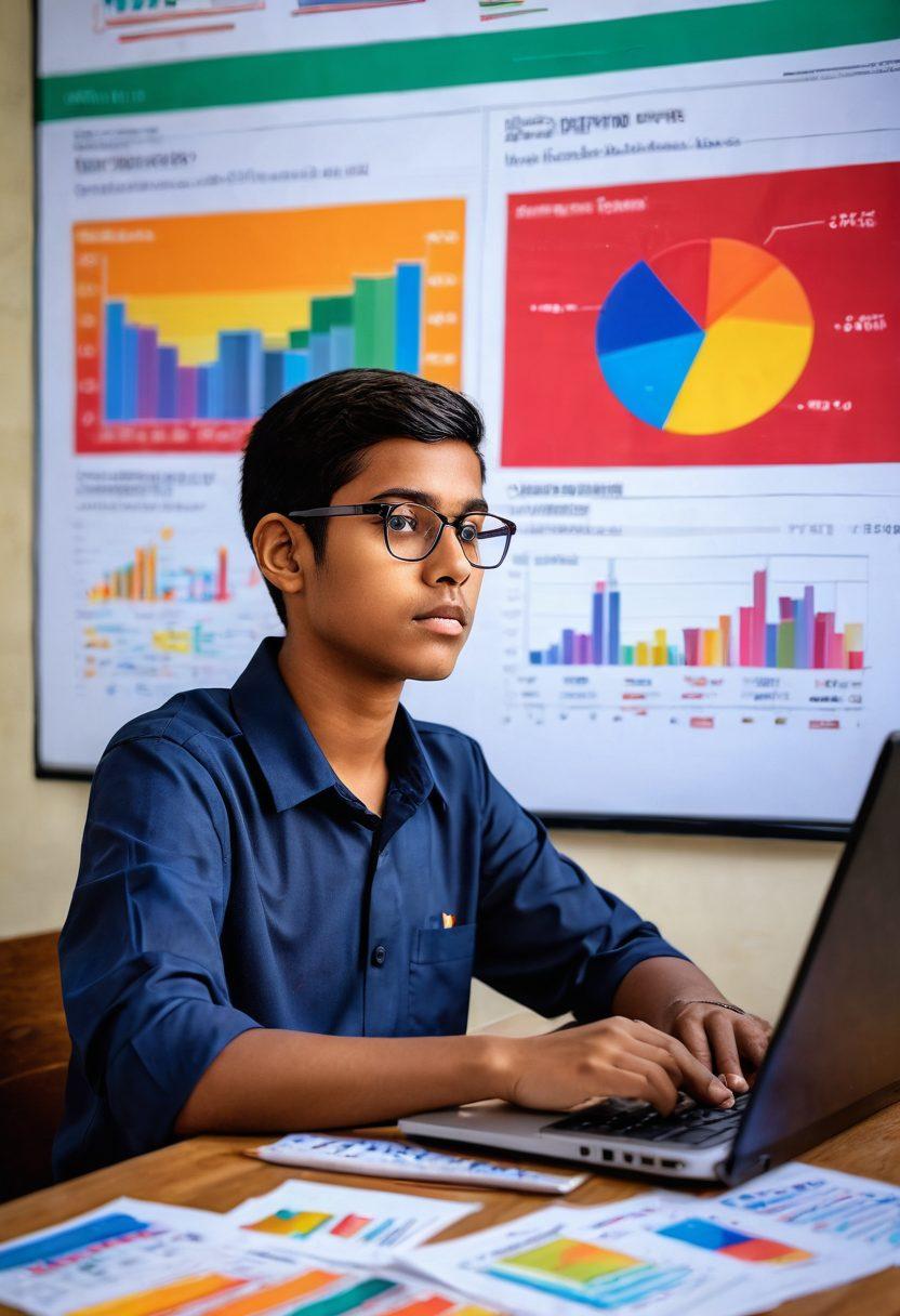 A thoughtful student analyzing data on a laptop, surrounded by colorful charts and graphs representing student performance metrics. In the background, elements of the Bihar education landscape, such as traditional schools and modern technology. The scene conveys a sense of curiosity and the pursuit of knowledge. super-realistic. vibrant colors. 3D.
